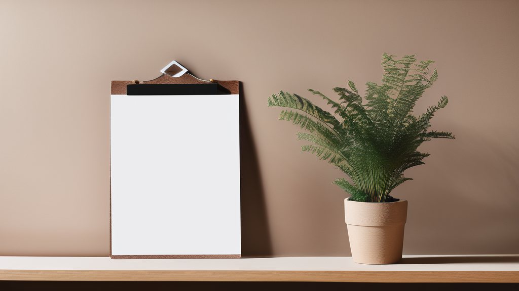 A single sheet of paper on a clipboard beside a small potted fern