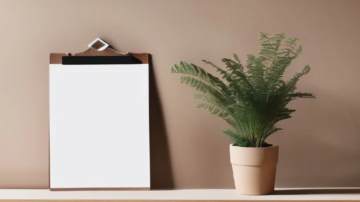 A single sheet of paper on a clipboard beside a small potted fern