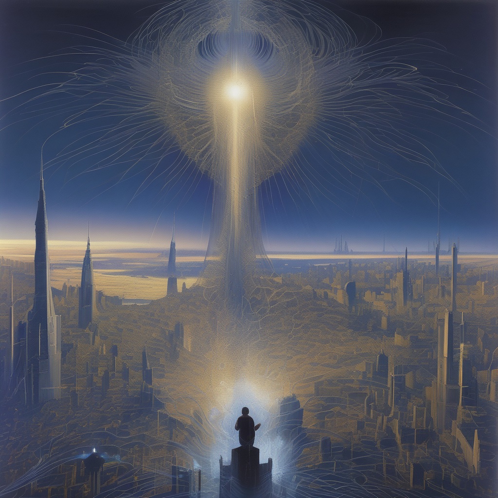 A figure on a tower above a glowing city, under a column of light pouring down from the sky
