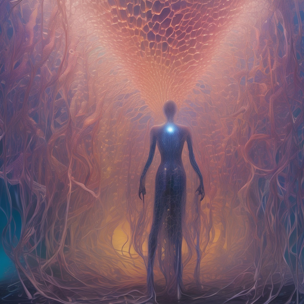 A translucent human figure threaded with light, standing in a cathedral of pink and orange filaments