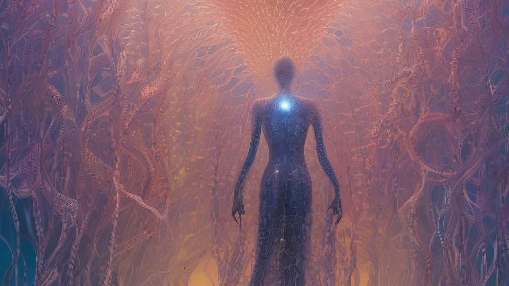 A translucent human figure threaded with light, standing in a cathedral of pink and orange filaments