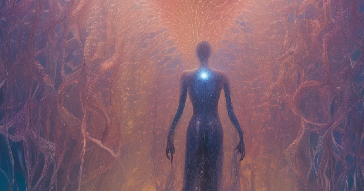 A translucent human figure threaded with light, standing in a cathedral of pink and orange filaments