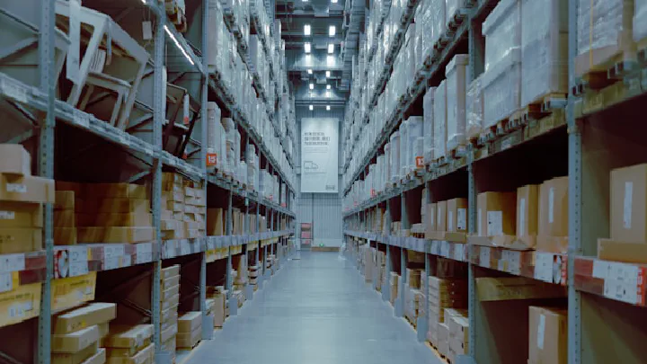 A deep perspective view down a brightly lit warehouse aisle flanked by towering shelves of stored goods.