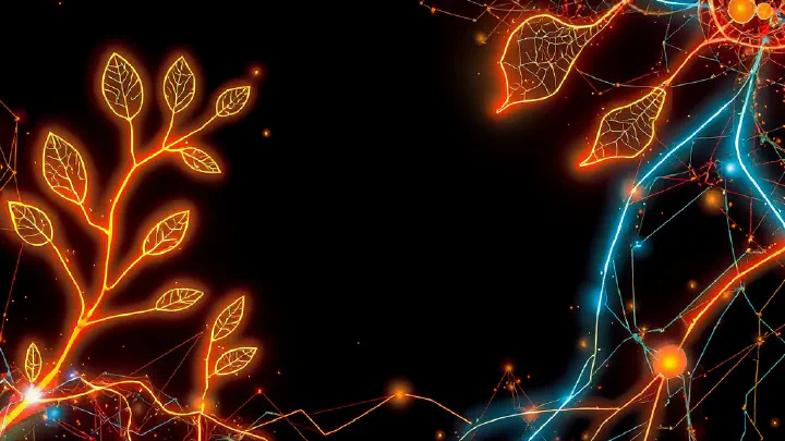 Abstract tech art featuring glowing orange branches and blue circuit networks against a dark background.