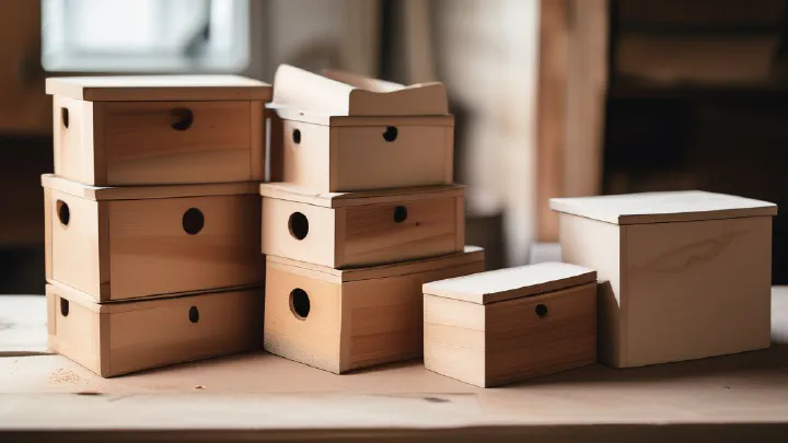 Wooden boxes of decreasing size stacked and nested on a workbench