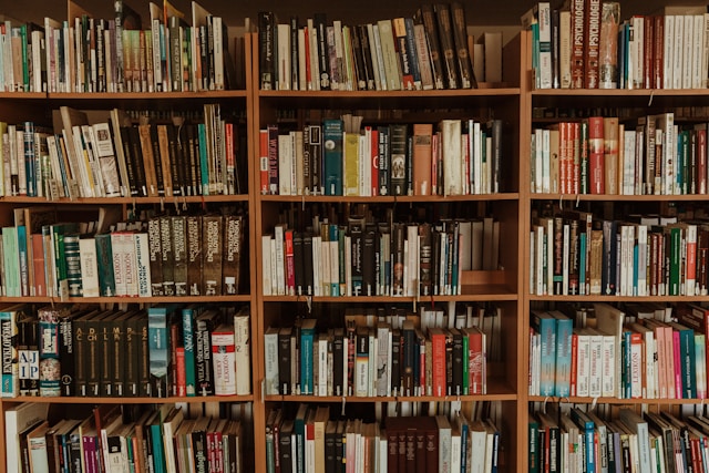 A bookshelf in a library