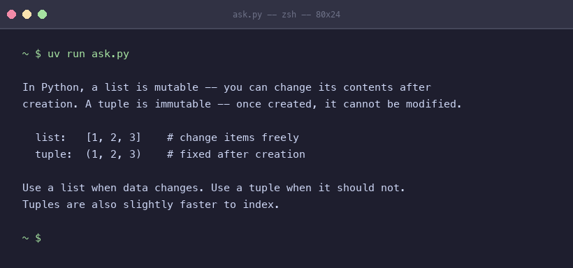 A terminal window showing a Python script calling a local LLM with no API key