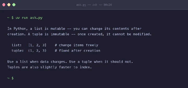 A terminal window showing a Python script calling a local LLM with no API key
