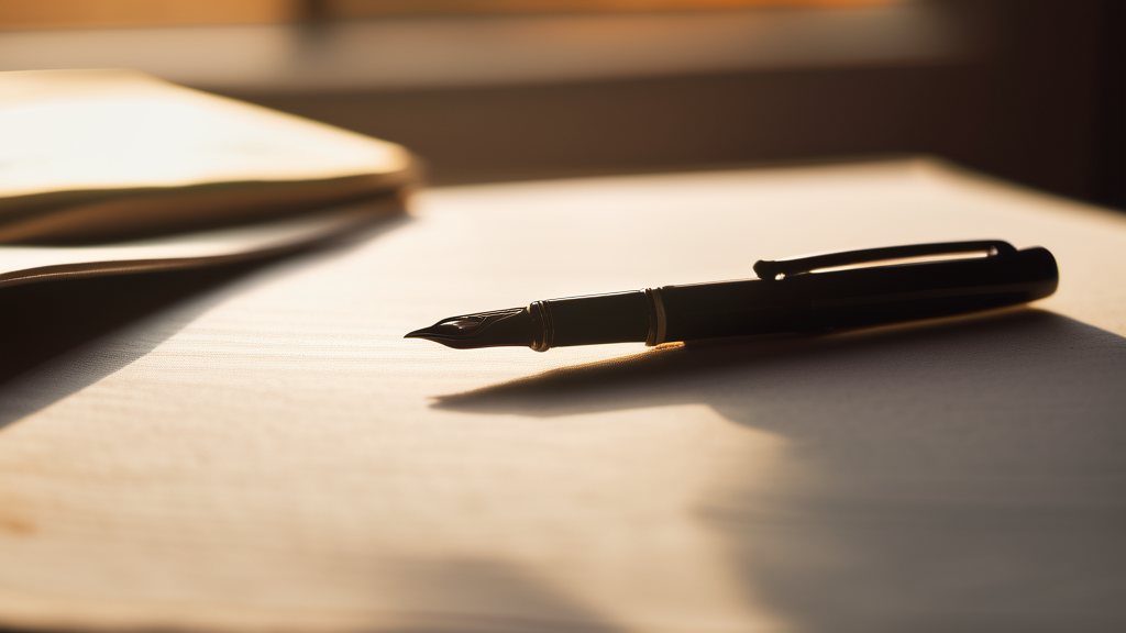 A fountain pen resting on the first page of a blank notebook in morning light