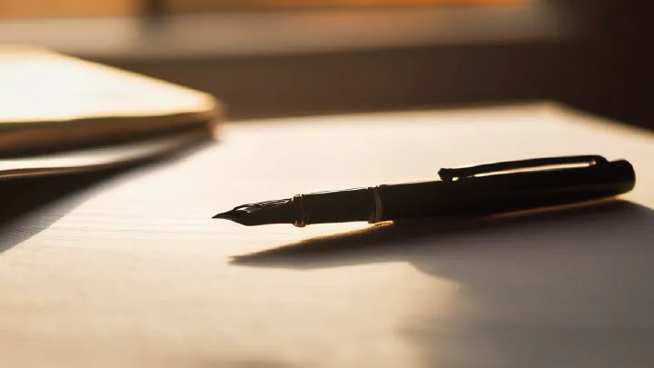 A fountain pen resting on the first page of a blank notebook in morning light