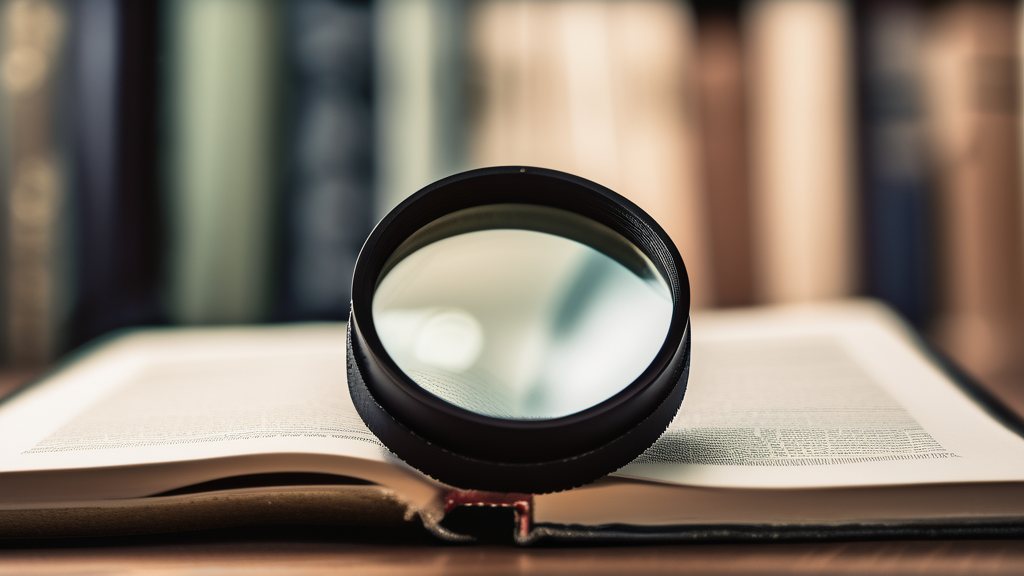 A magnifying glass resting on an open book in a library