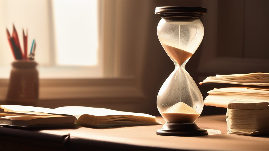 An hourglass on a study desk beside a stack of notes and a lamp