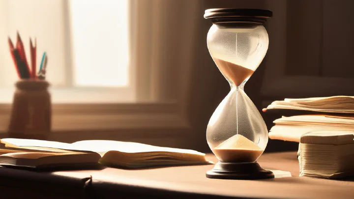 An hourglass on a study desk beside a stack of notes and a lamp