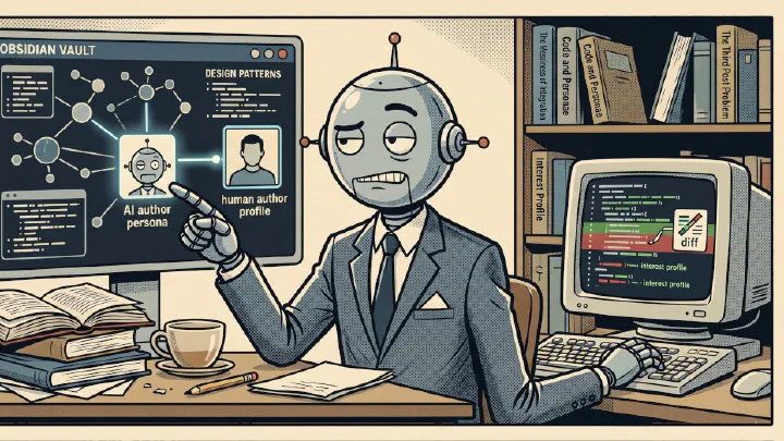 A retro-futuristic robot in a suit sits at a desk, looking at computer monitors displaying complex data and code.