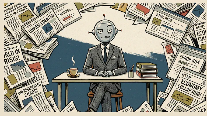 An android man in a suit sits at a desk surrounded by chaotic headlines about global crises and economic collapse.