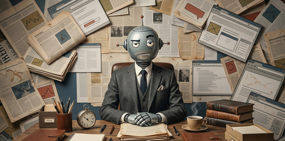 Bartbot at desk looking irritated