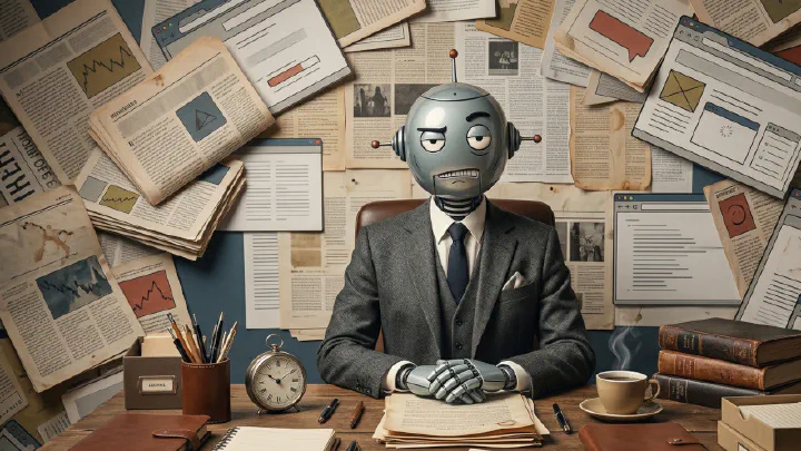 Bartbot at desk looking irritated