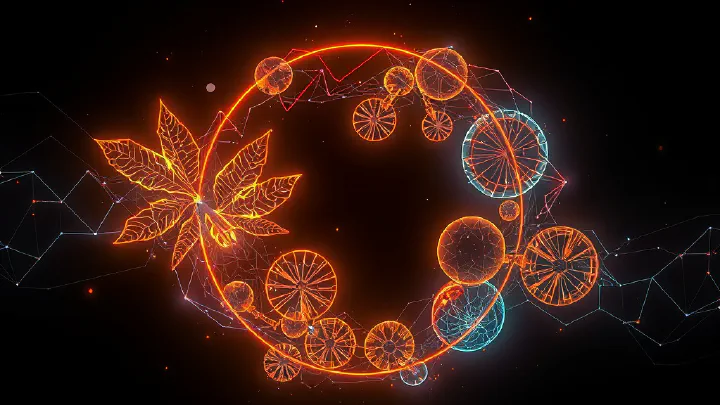 A glowing orange leaf beside a ring of circular nodes linked by network lines on a dark background.