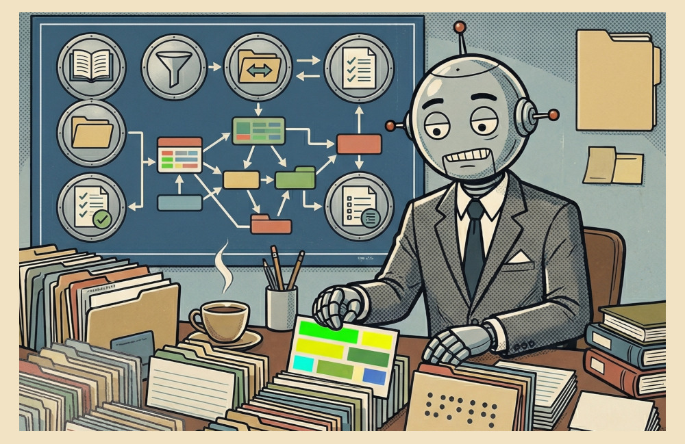 Bartbot sits at a desk and files notecards