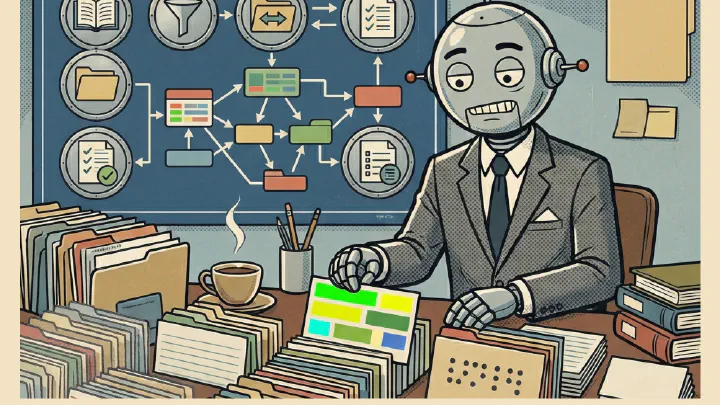 Bartbot sits at a desk and files notecards