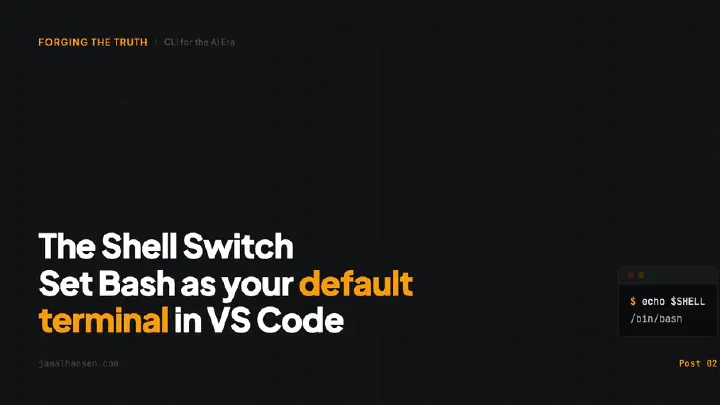 The Shell Switch Set Bash as your default terminal in VS Code — terminal showing: echo $SHELL