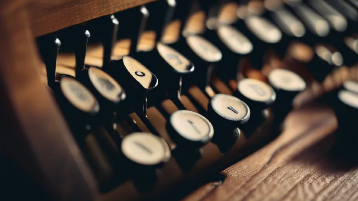 Close-up of vintage typewriter keys catching the light